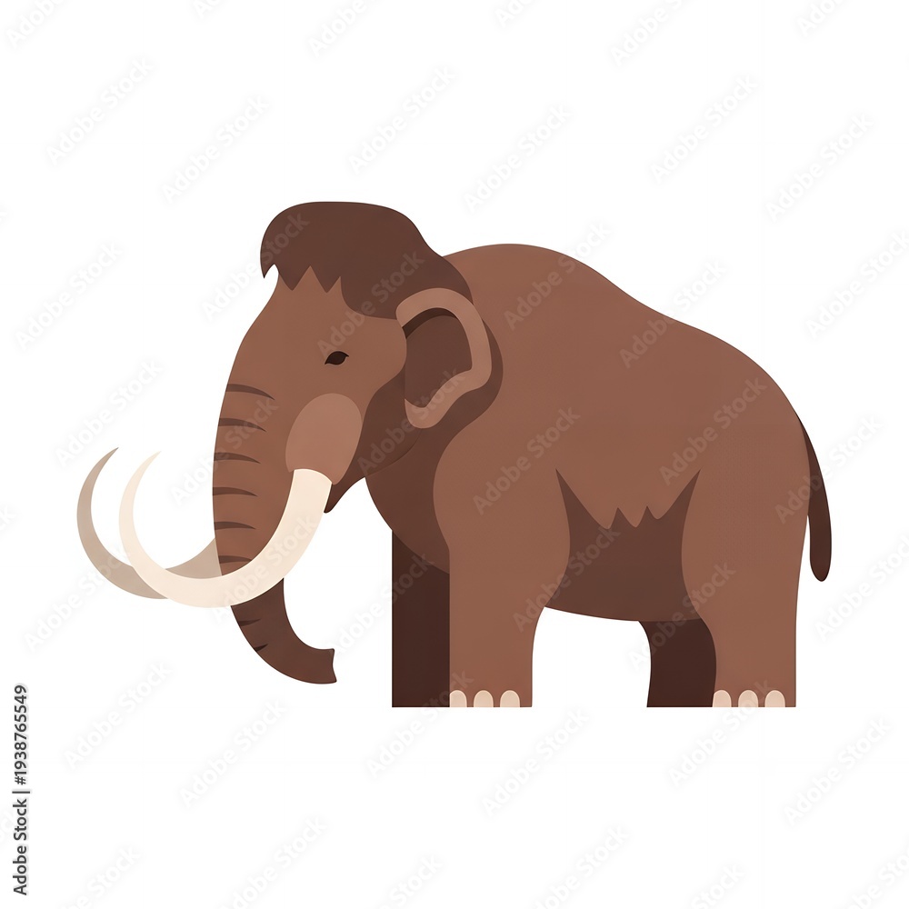 Fototapeta premium A cartoon illustration of a mammoth with large tusks and a brown fur standing on a white background
