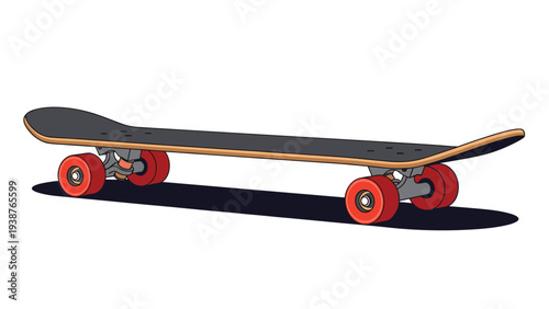 Dynamic side view illustration of a sleek black skateboard with vibrant red wheels, perfect for action sports and urban culture themes.