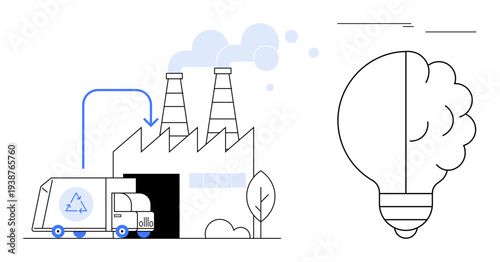 Recycling truck unloading at factory emitting smoke, light bulb symbolizing renewable energy. Ideal for sustainability, recycling, energy, ecology, waste management, innovation, green manufacturing