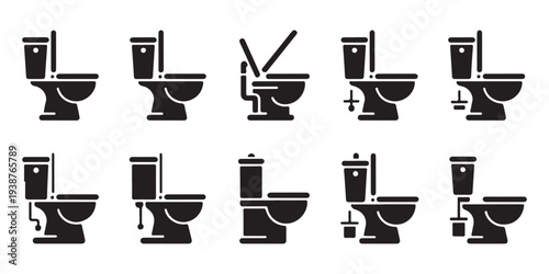 Set of black toilet icons representing different styles for bathroom design and plumbing services
