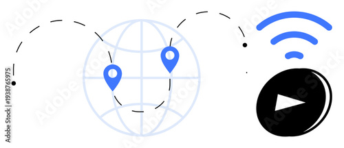 Digital communication, global networking, multimedia, online streaming, geolocation, technology integration. A globe with location pins, wireless signal and a play icon. Global networking