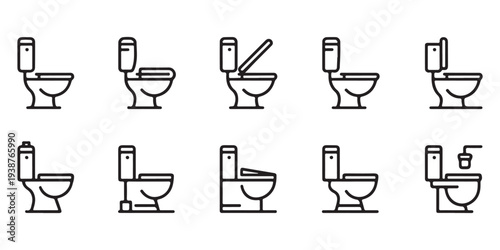 Toilet seat and bowl line icons collection for bathroom furniture catalog and plumbing service advertisements