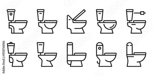 Variety of toilet icons showcasing different models and positions, isolated on white background