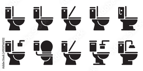 Modern toilet bowl silhouettes in black solid style for bathroom signage and residential plumbing blueprints