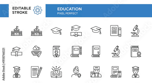 Collection of clean line art icons representing various academic symbols and educational concepts for design use