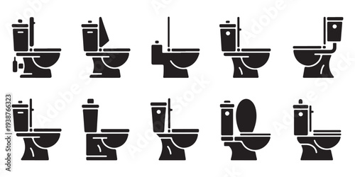 Minimalist black toilet icons set featuring contemporary designs for mobile app interfaces and home services