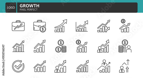 Collection of pixel perfect outline icons representing business growth, financial success, and analytic progress.