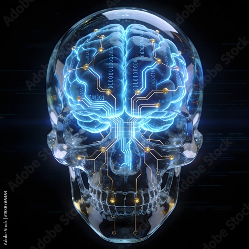 Glass Skull Digital Brain Data Streams Circuit Technology Artificial Intelligence Concept 3D Render