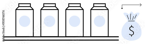 Retail sales, profit growth, dairy marketing, product economy, business strategy, visual goods. Four milk cartons on a shelf and a dollar money bag. Retail sales and profit growth concept