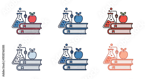 Educational icons representing science and learning with beakers, books, and apples in various colors