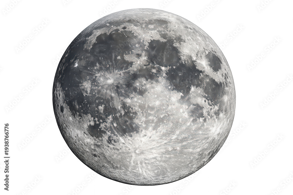 Naklejka premium Full moon showing detailed lunar surface, craters, and maria on a transparent background for astronomy and space concepts