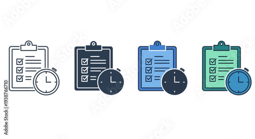 Set of clipboard icons with clocks depicting time management and scheduling in various colors