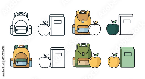 Colorful illustrations of school supplies and fruit on a clean white background, showcasing backpacks, folders, and apples from a straightforward view.