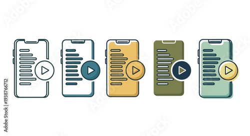 Row of colorful mobile devices displaying video content and playback controls in a modern digital interface