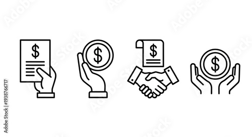 Financial transaction icons depicting hands holding documents and currency symbols in a simple line art style