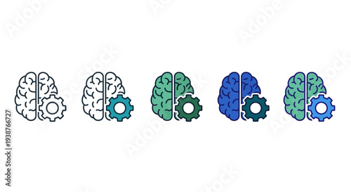Illustration of brain development stages with colorful gears on transparent background