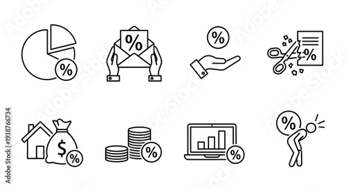Various financial concepts illustrated with simple black line icons on a white background showcasing percentages and monetary symbols from different viewpoints
