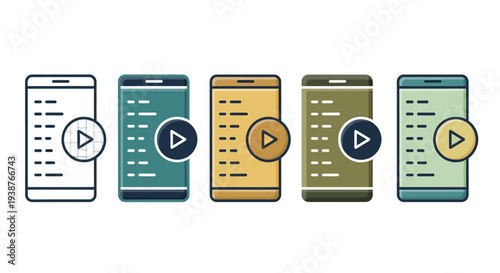 Row of mobile devices displaying video playback interfaces in various colors and designs