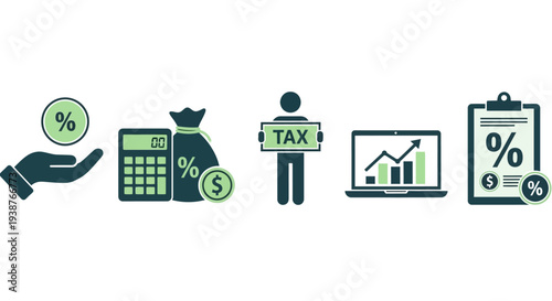 Financial analysis and taxation represented through icons and a person holding a tax sign amidst financial symbols on digital devices
