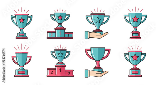 Trophy collection illustrations showcasing achievement and success in various styles and designs on a clean background from different viewpoints