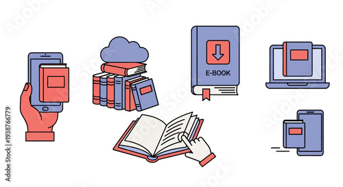 A hand holding a tablet surrounded by digital books and e-readers in a modern learning environment