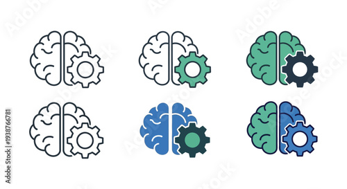 Cogwheels and Brain Illustrations Showcasing Mental Mechanisms and Cognitive Functions