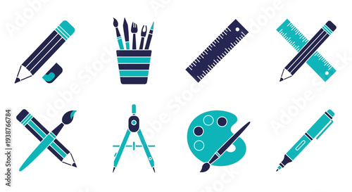 Collection of artistic tools and stationery displayed on a flat surface viewed from directly above