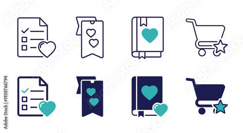 Collection of icons representing documents and shopping carts with heart symbols in a digital illustration style.