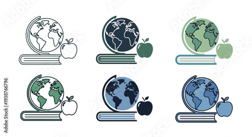 Collection of earth icons with apples on books representing global education and knowledge