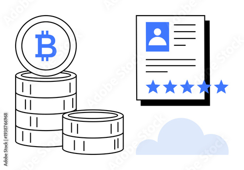 Bitcoin coins stacked near a digital user profile with a five-star rating and a cloud icon. Ideal for blockchain, cryptocurrency, fintech, digital identity, online security, financial concepts