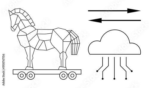 Cybersecurity, hacking threats, data breaches, cloud computing, online security, digital risks. Geometric Trojan horse with cloud and data arrows. Cybersecurity and hacking threats concept
