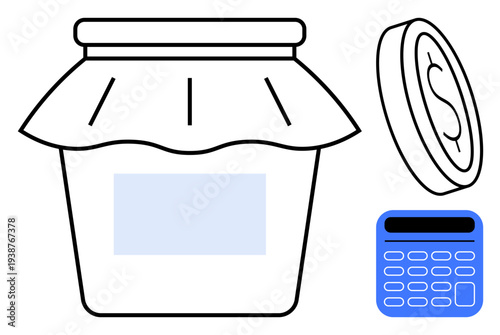 Financial planning, budgeting, savings, investments, money management, business calculations. Jar, coin and calculator . Budgeting and savings concepts exemplified