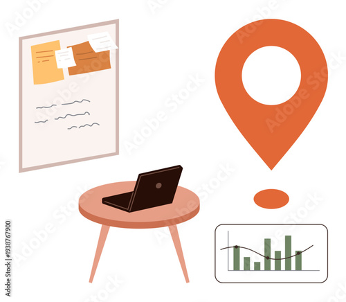 Business strategy, productivity tools, workflow planning, remote work, data analysis, location tracking. Workspace includes laptop, graph location marker and bulletin board. Productivity tools