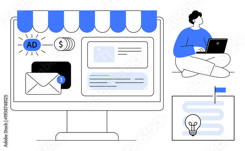 Digital marketing concept. Digital marketing includes ads, communication tools, and strategy planning. Digital marketing supports online business, analytics, development, and branding