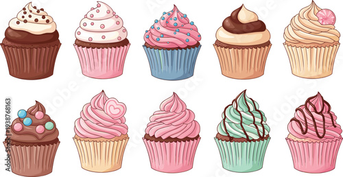 Collection of delicious gourmet cupcakes with colorful frosting, sprinkles, and toppings, perfect for bakery menus, birthday party invitations, food blogs, and sweet dessert designs.