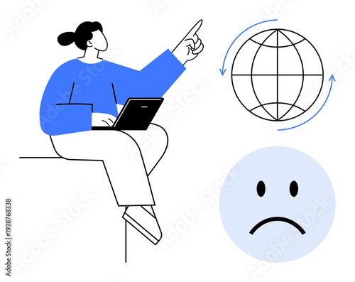 Digital communication challenges. Depicts a person with a laptop pointing at a globe, with a sad face icon connectivity frustrations. Topics include internet use, global communication, technology