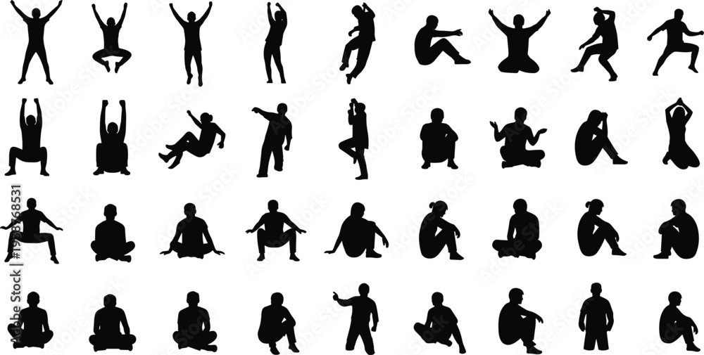 Fototapeta premium Large collection of people silhouettes in various poses including sitting standing jumping and cheering set of black human figures isolated on white background vector.
