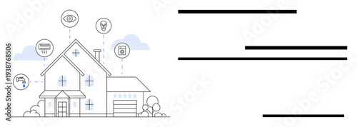 Minimalist house exterior with connected icons for thermostat, surveillance, smart light, and appliances. Ideal for home automation, technology, innovation, IoT, convenience energy efficiency