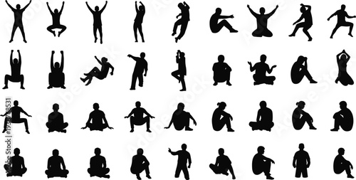 Large collection of people silhouettes in various poses including sitting standing jumping and cheering set of black human figures isolated on white background vector.
