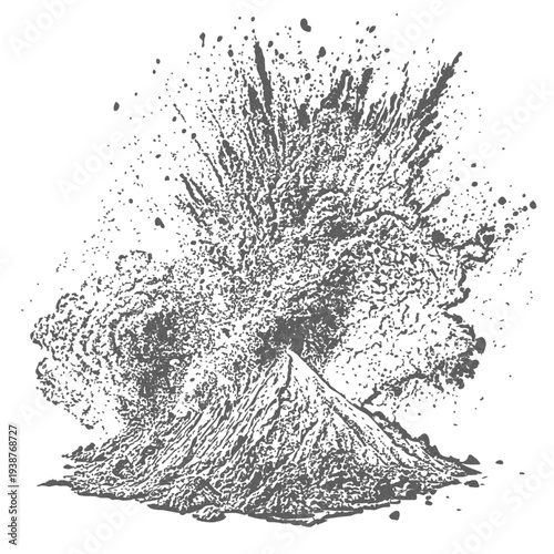 Volcanic Eruption Illustration Exploding Volcano with Ash Plume in Dramatic Ink Sketch Style.