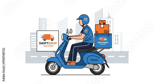 Delivery rider on blue scooter with boxes and swift shop sign in city