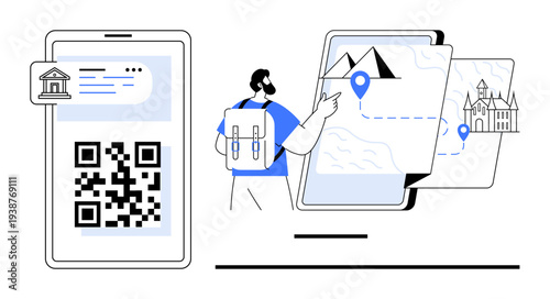 Online payments, navigation tools, travel planning, digital tourism, fintech innovation, QR transactions. A smartphone with a QR code and a traveler pointing to a location. Online payments