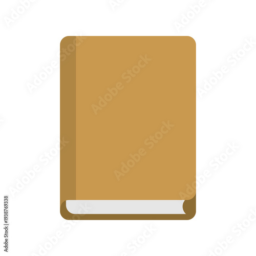 A closed book illustration featuring a brown cover viewed from the front with a subtle page turn down, captured from a straightforward viewpoint