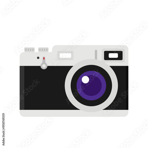 A digital camera illustration is viewed from the front with a prominent lens and various controls.