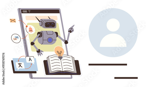 Artificial intelligence, language translation, e-learning, knowledge sharing, digital communication, online services. Robot interacting with a book and translation tools. AI in education