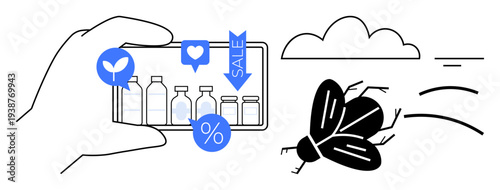 Online shopping. Mobile interface discount icons and product bottles, combined with abstract symbolic elements including a flying insect. Online shopping trends, digital retail, eco-friendly