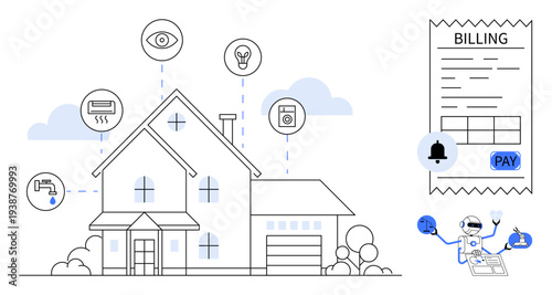 Smart home technology, IoT devices, energy management, automation, utility bills, online payment. A house with connected devices and a digital invoice. Energy management and IoT devices concept