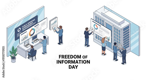 Isometric illustration of people accessing and analyzing information on large screens with graphs, symbolizing government transparency and public access to data on Freedom of Information