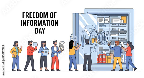 Illustration of diverse people accessing public records on Freedom of Information Day with a large open vault in the background.