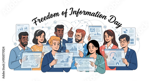 Illustration of diverse people holding documents on Freedom of Information Day, promoting transparency and public access to information.